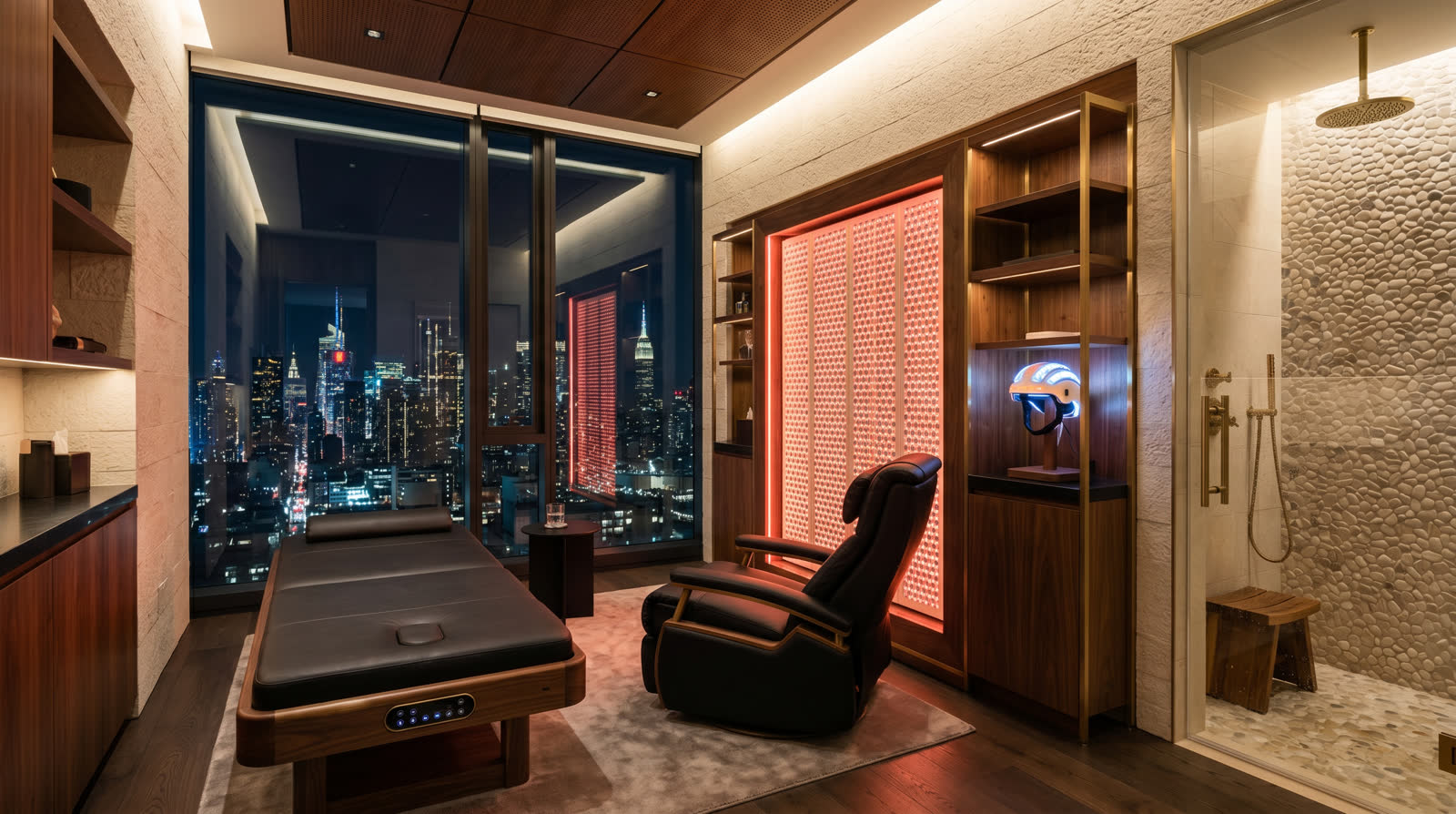 Luxury condo biohacking studio with sound bed, zero-gravity chair, red light panel, neuro helmet, and spa shower niche
