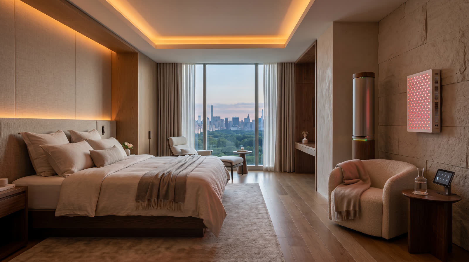Luxury hotel biohacking suite with sleep optimized bed, air purifier, red light panel, and wellness controls