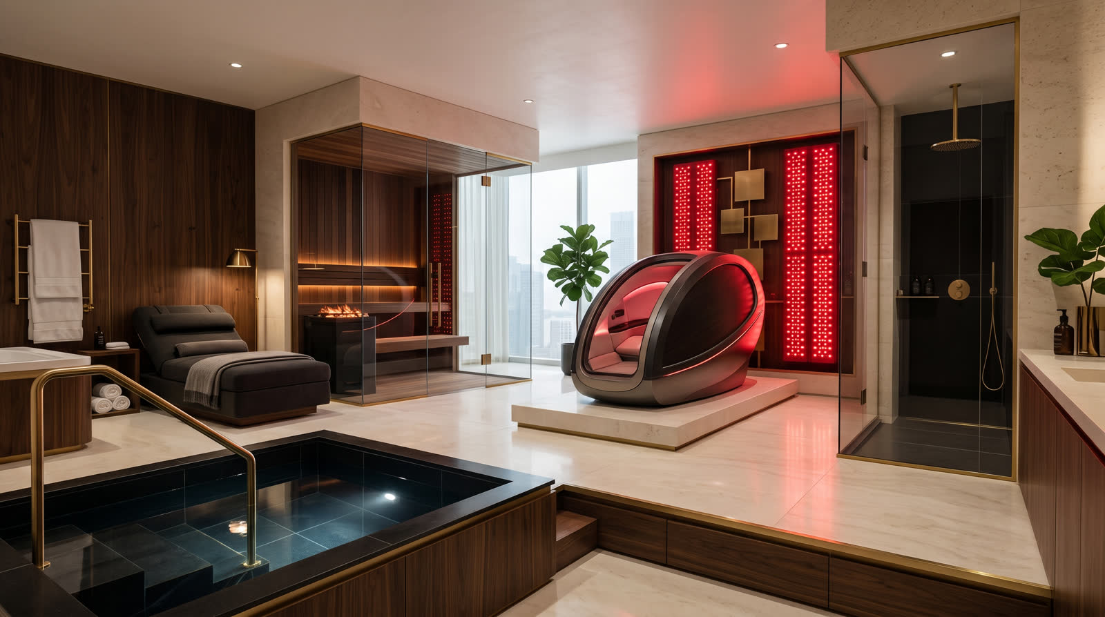 Boutique hotel biohacking suite with red light wall, sauna, cold plunge, sound recovery bed, and luxury finishes