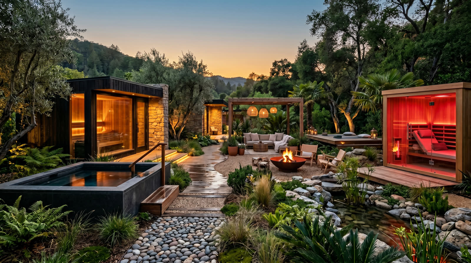 Outdoor biohacking playground with sauna, cold plunge, red light cabana, and luxury landscaping